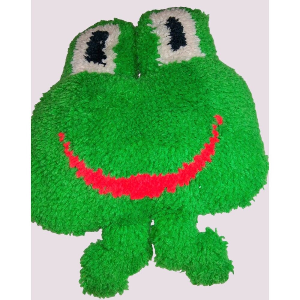 Vintage MCM Green Frog Shaped Plush Decorative Pillow With Smiling Face & Soft F